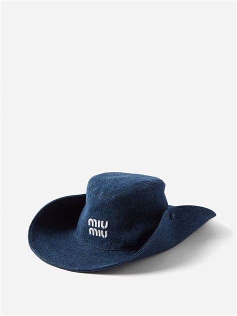 MIU MIU Logo Embroidered Denim Cowboy Hat in Navy .